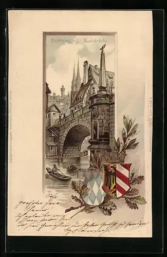 Passepartout-Lithographie Nürnberg, Ansicht der Karlsbrücke, Wappen