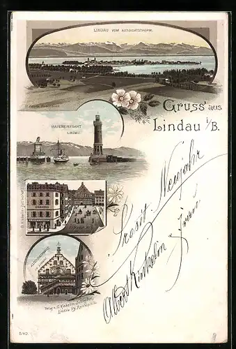 Lithographie Lindau i /B., Reichsplatz mit Zigarrengeschäft, Altes Rathaus, Hafeneinfahrt