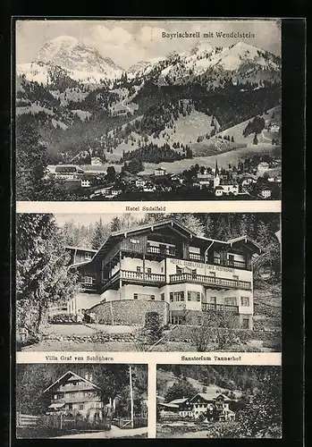 AK Bayrischzell, Ortsansicht mit Wendelstein, Villa Graf von Schönborn, Sanatorium Tannerhof