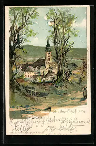 Künstler-Lithographie Theodor Guggenberger: Schäftlarn, Blick nach Kirche