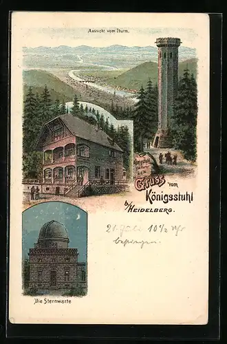 Lithographie Heidelberg, Sternwarte, Gasthof und Aussichtsturm Königsstuhl