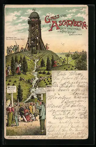 Lithographie Leipzig, Aschenberg, Aussichtsturm, mit Besuchern