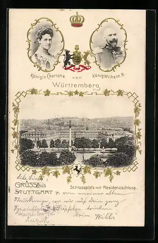 AK Stuttgart, Schlossplatz mit Residenzschloss, Königin Charlotte und König Wilhelm II. von Württemberg
