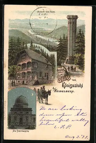 Lithographie Königsstuhl, Gasthaus, Sternwarte, Aussicht vom Turm