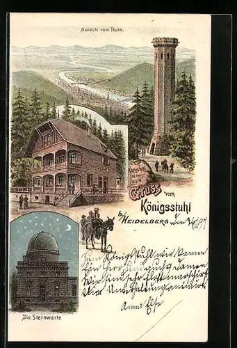 Lithographie Heidelberg, Gasthaus und Sternwarte auf dem Königsstuhl