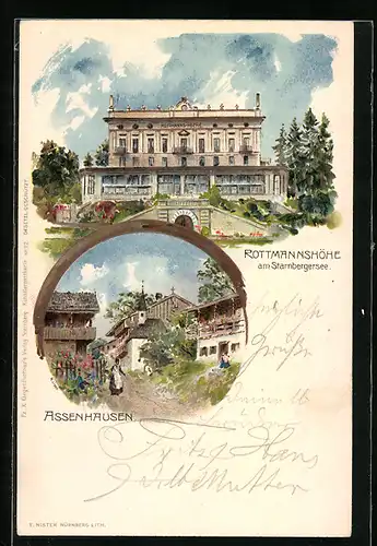 Lithographie Berg, Rottmannshöhe am Starnbergsee, Assenhausen