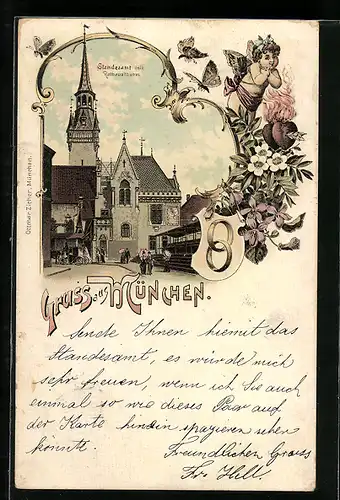 Lithographie München, Standesamt mit Rathausturm
