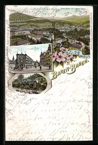 Lithographie Baden-Baden, Ortsansicht von Schloss-Solms, Leopolds-Platz, Trinkhalle