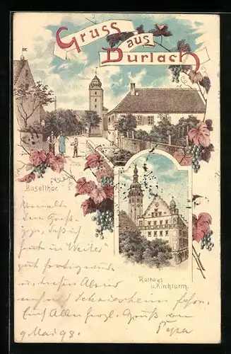 Lithographie Durlach, Baseltor, Rathaus und Kirchturm, Weinreben