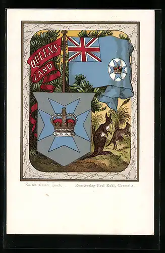 Lithographie Wappen & Flagge von Queens-Land