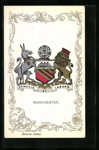 Künstler-AK Manchester, Esel und Löwe mit Wappen