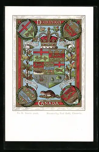 Lithographie Wappen Dominion of Canada, Städtewappen Ontario, Quebeck, Nova-Scotia & New-Brunswick
