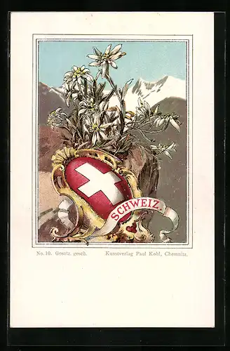 Lithographie Schweizer Wappen mit Edelweiss