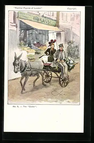 AK Familiar Figures of London, The Coster, Dame fährt mit einer Eselskutsche