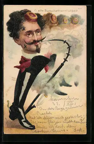 Lithographie Studenteiner Burschenschaft mit Pfeife und Stiefeln, studentische Szene