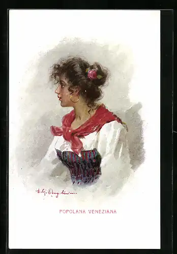 Künstler-AK Junge Frau mit rotem Halstuch