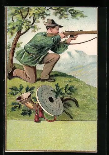 AK Schütze mit Hut beim Zielen, Zielscheibe und Horn
