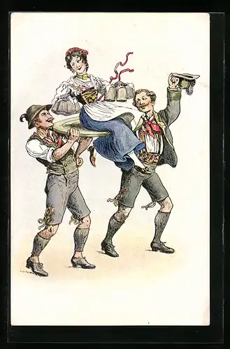 AK Zwei Männer tragen Wirtin mit Bierkrügen, Gastronomie