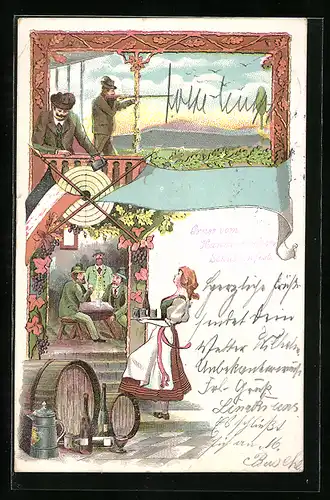 Lithographie Jäger zielt in die Ferne, trinkende Schützen auf dem Schützenfest