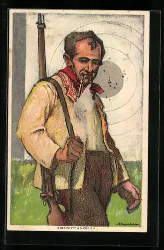 Künstler-AK J. E. Hugentobler: Schweizerischer Schützenverein 1924, Schütze mit Gewehr
