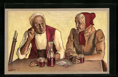 AK Schweizerischer Schützenverein, Alter Jäger und seine Frau sitzen mit Getränk am Tisch, Gewehr lehnt am Tisch