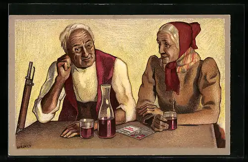 AK Schweizerischer Schützenverein, Alter Jäger und seine Frau sitzen mit Getränk am Tisch, Gewehr lehnt am Tisch