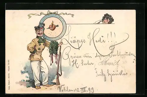 Lithographie Stolzer Schütze mit Gewehr und Siegeskränzen vor einer Herzenszielscheibe