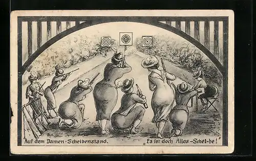 Künstler-AK Auf dem Damen-Scheibenstand, Frauen beim Schützenfest