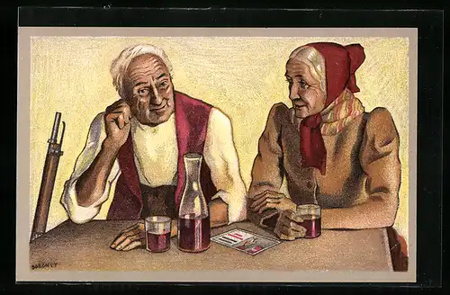 Künstler-AK Schweizerischer Schützenverein 1824-1924, altes Paar in Tracht bei Wein