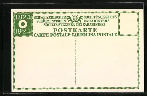Künstler-AK Schweizerischer Schützenverein 1824-1924, altes Paar in Tracht bei Wein