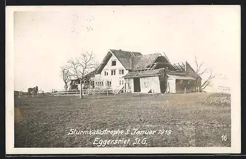 AK Eggersriet, Eingestürztes Gebäude nach der Sturmkatastrophe 1919