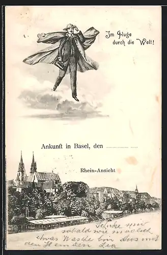 AK Basel, Mann im Anzug fliegt über den Ort, Rhein-Ansicht