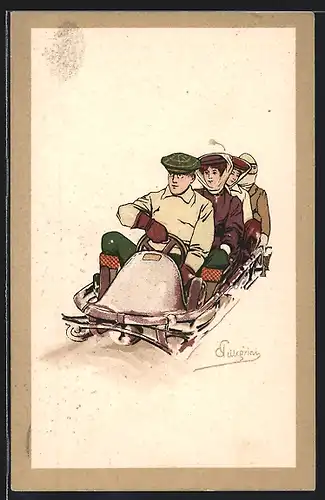 Künstler-AK Carlo Pellegrini: Zwei Paare fahren auf einem Bob im Winter