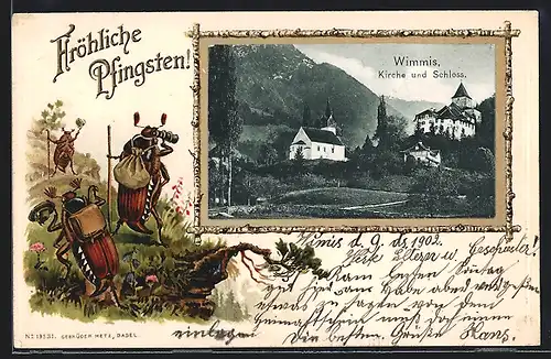 Passepartout-Lithographie Wimmis, Kirche und Schloss, Maikäfer auf einer Wanderung, Pfingstgruss