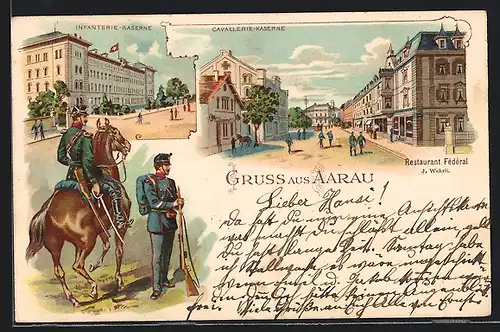 Lithographie Aarau, Restaurant Fédéral und Cavallerie-Kaserne, Infanterie-Kaserne