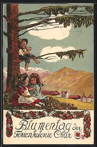 Künstler-AK Chur, Blumentag der Ferienkolonie 1911, Kinder bei einer Fichte vor dem Ort