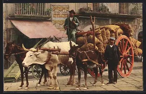 AK Neapel / Napoli, Carro da trasporto, Fuhrwerk mit Rind und Pferd als Zugtiere