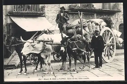 AK Neapel / Napoli, Carro das Trasporto, Karren mit Ochse und Pferd als Zugtiere