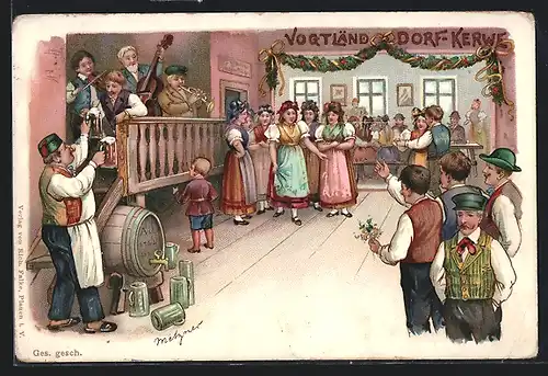 Künstler-AK Vogtländ. Dorf-Kerwe, Frauen in vogtländischer Tracht im Wirtshaus