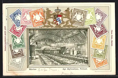 Lithographie München, Kgl. Hofbräuhaus, Festsaal, Briefmarken