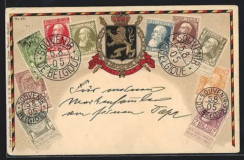 AK Briefmarken und Wappen aus Belgien