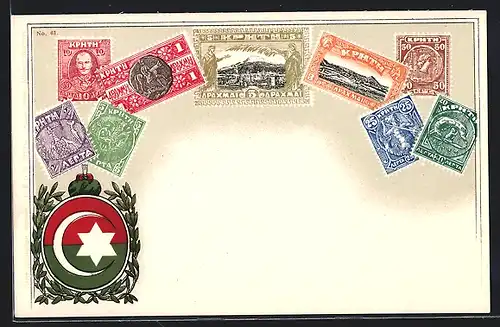 AK Kreta, Briefmarken mit darauf abgebildeten Persönlichkeiten, Fabelwesen und Landschaften, Wappen