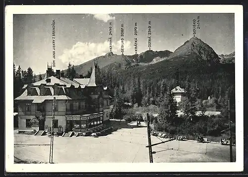 AK Vysoké Tatry, Ortspartie mit Bergen