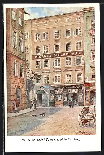 Künstler-AK Salzburg, Strassenpartie vor Mozart`s Geburtshaus