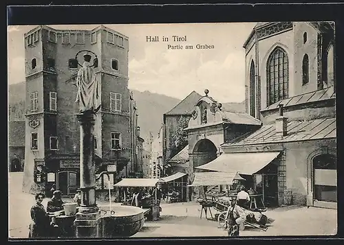 AK Hall in Tirol, Gemüse-Händler, Markz-Stände am Graben