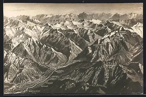 Künstler-AK Mayrhofen, Landkarte mit Umgebung und Gebirgszügen um Mayrhofen, Lange Wand, Filzenberg