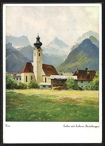 Künstler-AK Lofer, Ortsansicht mit Kirche und Loferer Steinbergen