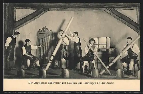 AK Freiberg, Bergfestspiel 1914, Der Orgelbauer Silbermann mit Gesellen und Lehrlingen bei der Arbeit