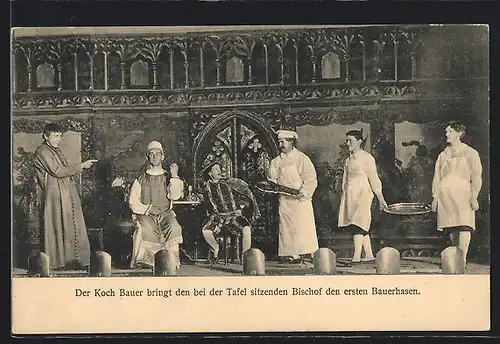 AK Freiberg, Bergarbeiterfest 1914, Festspiel, Koch Bauer bringt dem Bischof den ersten Bauerhasen