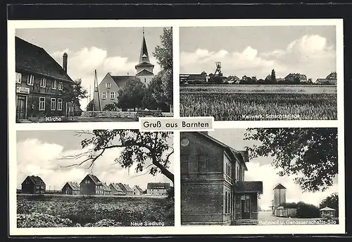 AK Barnten, Schachtanlagen der Kaliwerke, Bahnhof u. Genossenschafts-Silo, Kirche